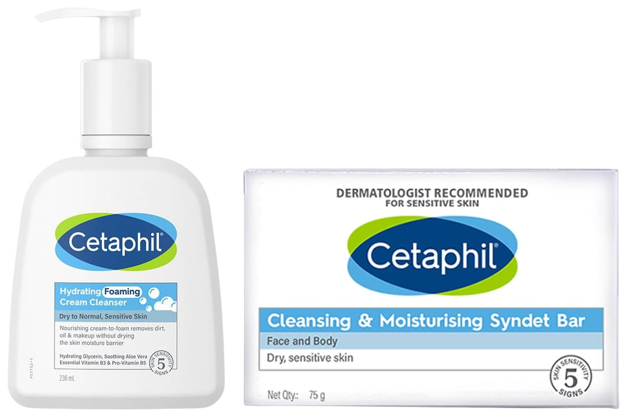 Cetaphil Hydrating foaming Face Wash, Cream to Foam Cleanser 236ml | Niacinamide, Pro-Vitamin B5 & and Aloe for Gentle Cleansing VVF India Cleansing And Moisturising Syndet Bar, 75g