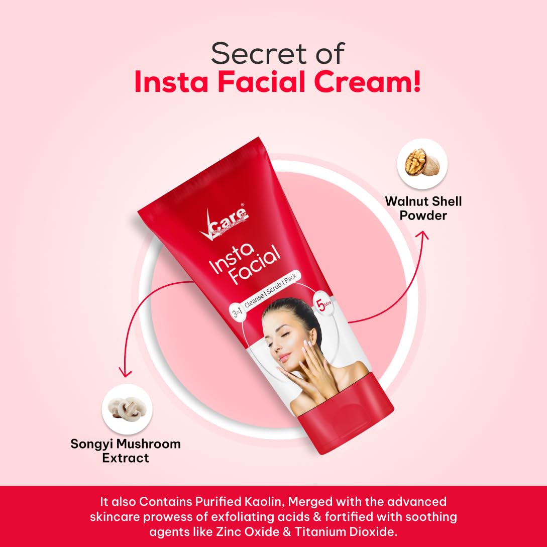 VCare Insta Facial Cream For Face Scrub, Cleanse And Skin Care Mask For Oily And Dry Skin | Instant Glow Brightening Face Pack With Songyi Mushroom And Walnut 50 Gm