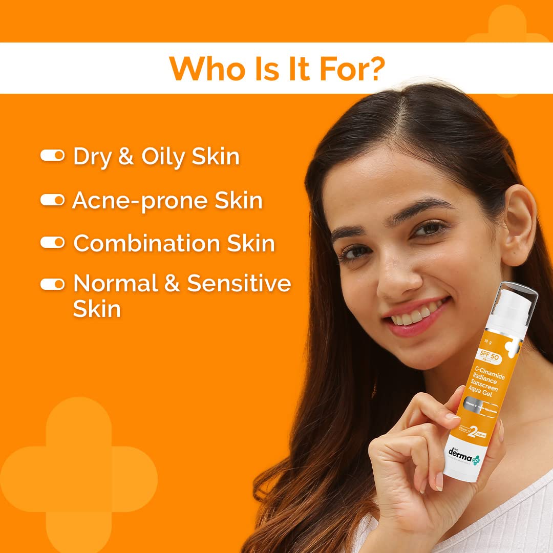 The Derma Co C-Cinamide Sunscreen Aqua Gel SPF 50 PA++++ | With Vitamin C & Niacinamide | All Skin Lightweight Texture | No White Cast | For Sun Protection & Glowing Skin | Power Of 2 Actives | 50 G