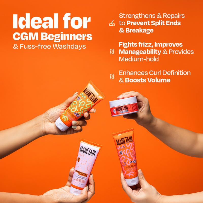 MANETAIN Washday Bundle | Moisturizing Shampoo 100ml , Multipurpose Conditioner 100gm , Volume Gel 100ml & Curl Cream 100ml | Hydrating, Anti-Frizz, Curl-Enhancing for Curly, Wavy Hair | Protein/Moisture Balanced | Vegan, No Sulfates or Silicones