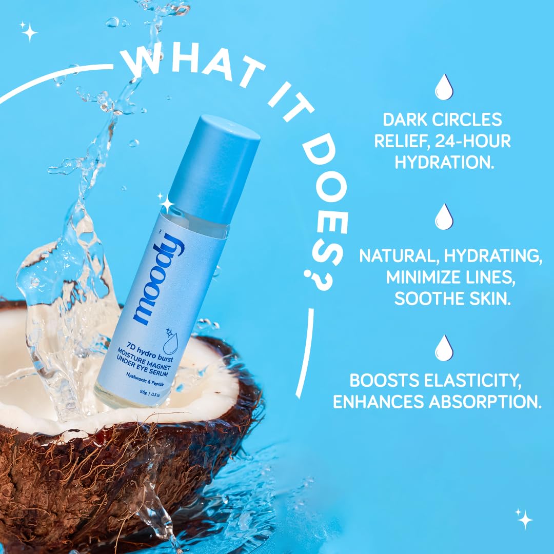 Moody 7D Hydro Burst Under Eye Roll On Serum With Hyaluronic Peptides & Vitamin E For Dark Circles & Puffiness | Eye Cream for Wrinkles & Fine Lines | Sulphate Free & Vegan | Men & Women | 9.8 gm