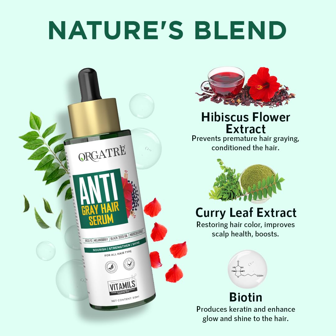 Orgatre Anti-Gray Hair Serum With Arcolys, Melanogray, Black Seed Oil & Hibiscus Extract | Light-Weight, Non-Sticky 50ml