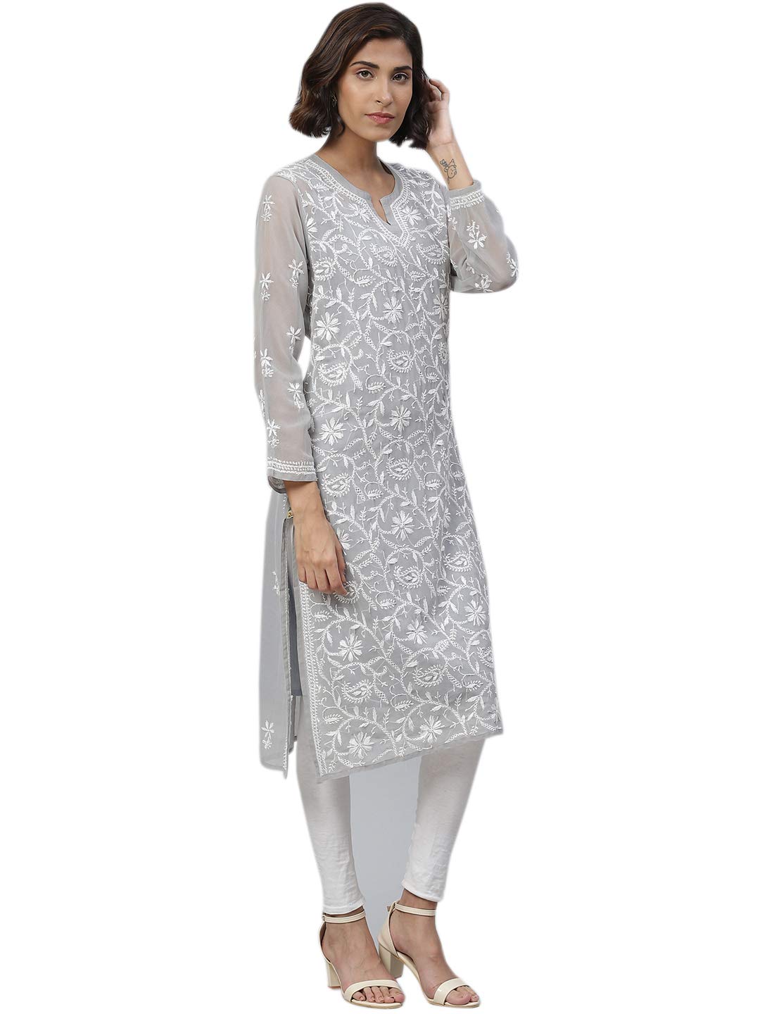 Ada Lucknowi Hand Embroidered Traditional Chikankari Georgette Kurta Kurti with Slip for Women