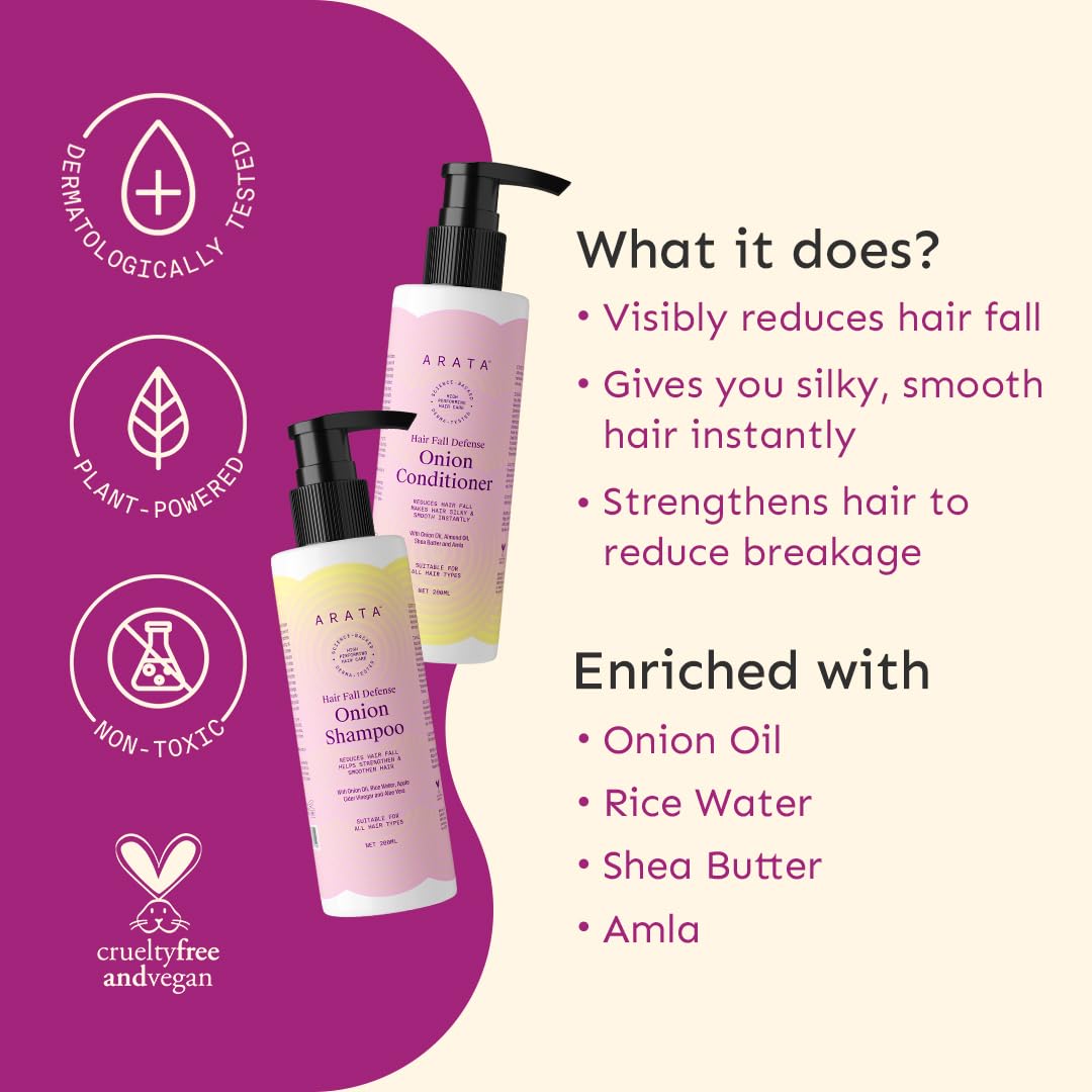 Arata Hair Fall Defense Onion Combo (Onion Shampoo 200 ML & Onion Conditioner 200 ML) Reduces Hair Fall | Makes Hair Silky & Smooth Instantly | With Onion Oil, Shea Butter, Rice Water and Amla