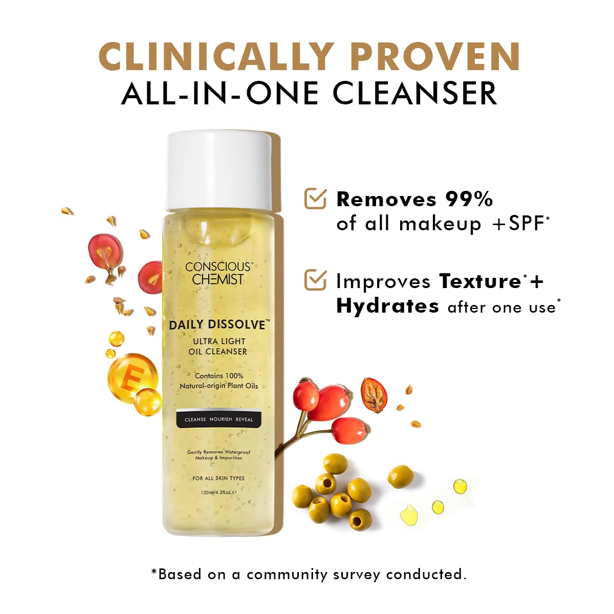 Conscious Chemist Makeup Remover Oil Cleanser|130 Ml|Face Wash, Cleanser Oily Skin, Makeup Remover. Men & Women. Removes Waterproof Makeup, Spf & Impurities. Soft & Glowing Skin - Daily Dissolve