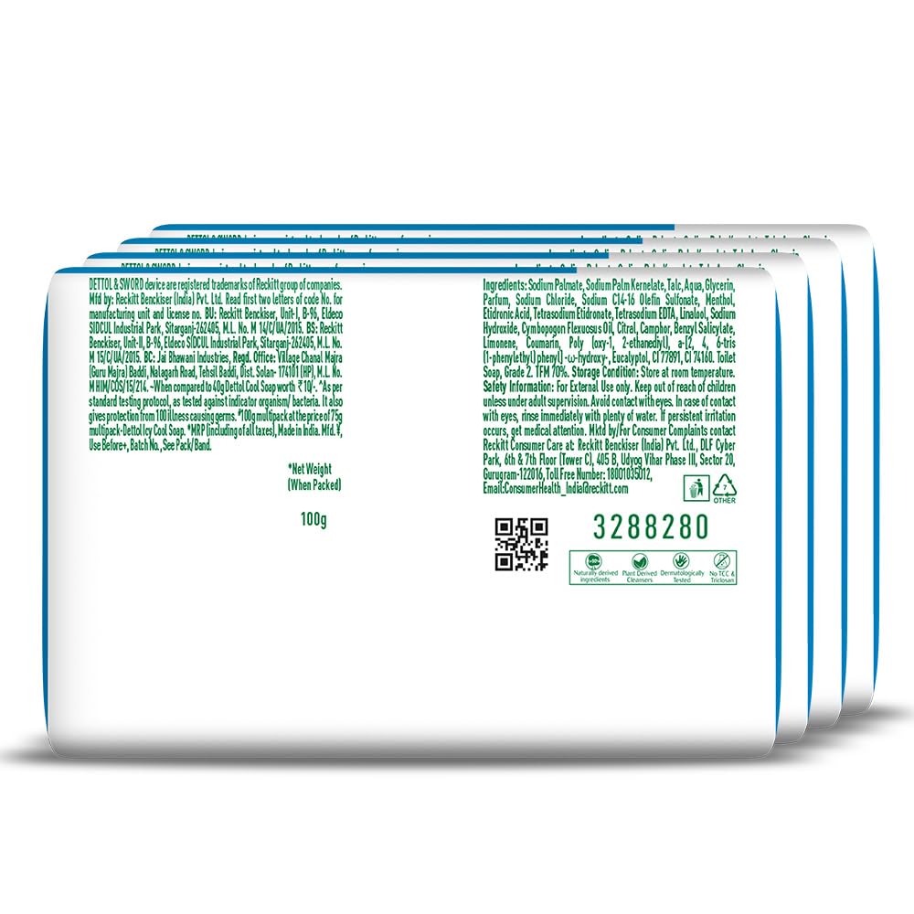 Dettol Icy Cool Bathing Soap Bar With 2x Menthol (400gm), 100gm - Pack of 4