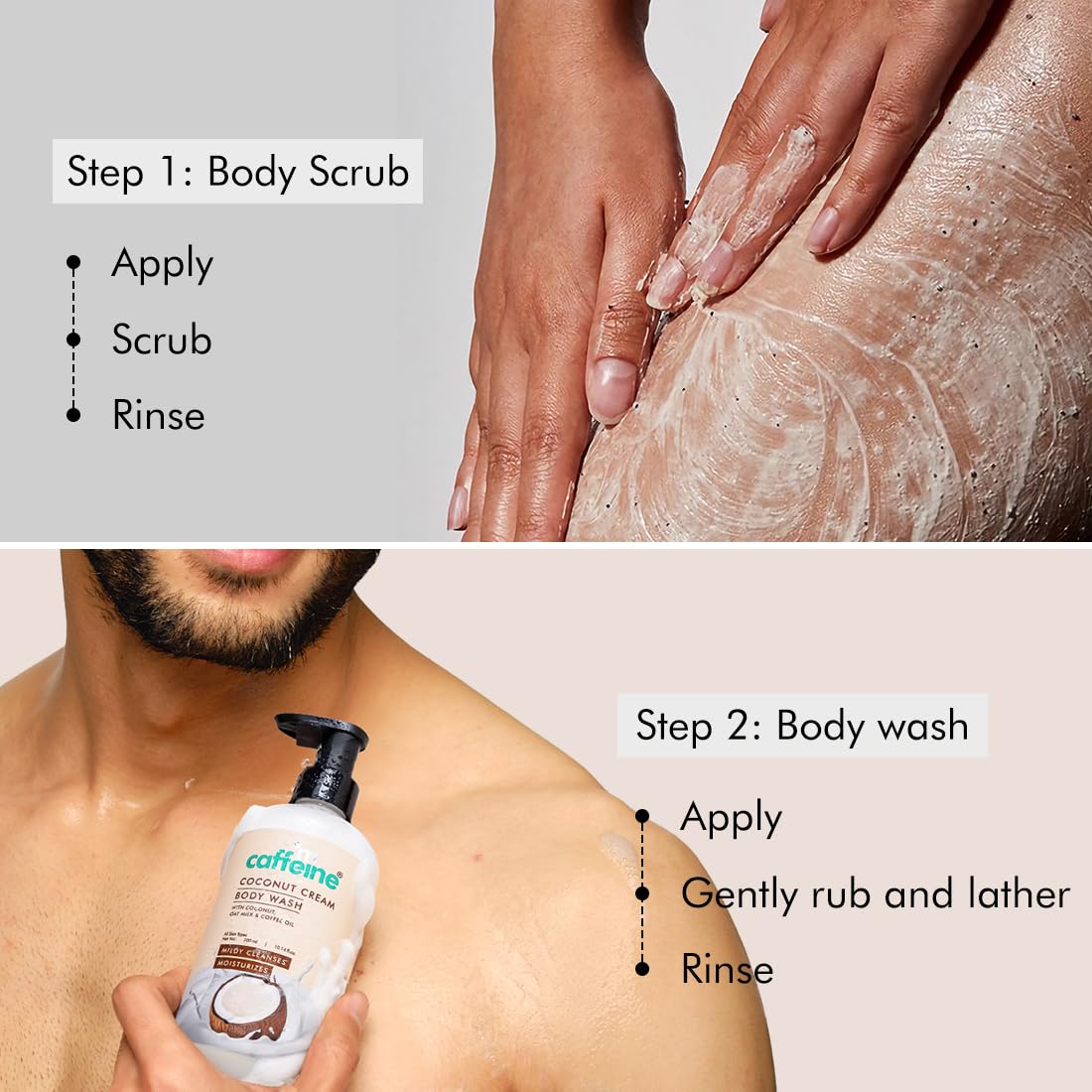 mCaffeine Tropical Coconut Cleanse & Detan Set for Glowing Skin| Mildly Cleanses, Exfoliates, Removes Tan| Coconut Body Wash - 300ml & Coconut Body Scrub - 175 g| Calming Coconut Aroma for Men & Women