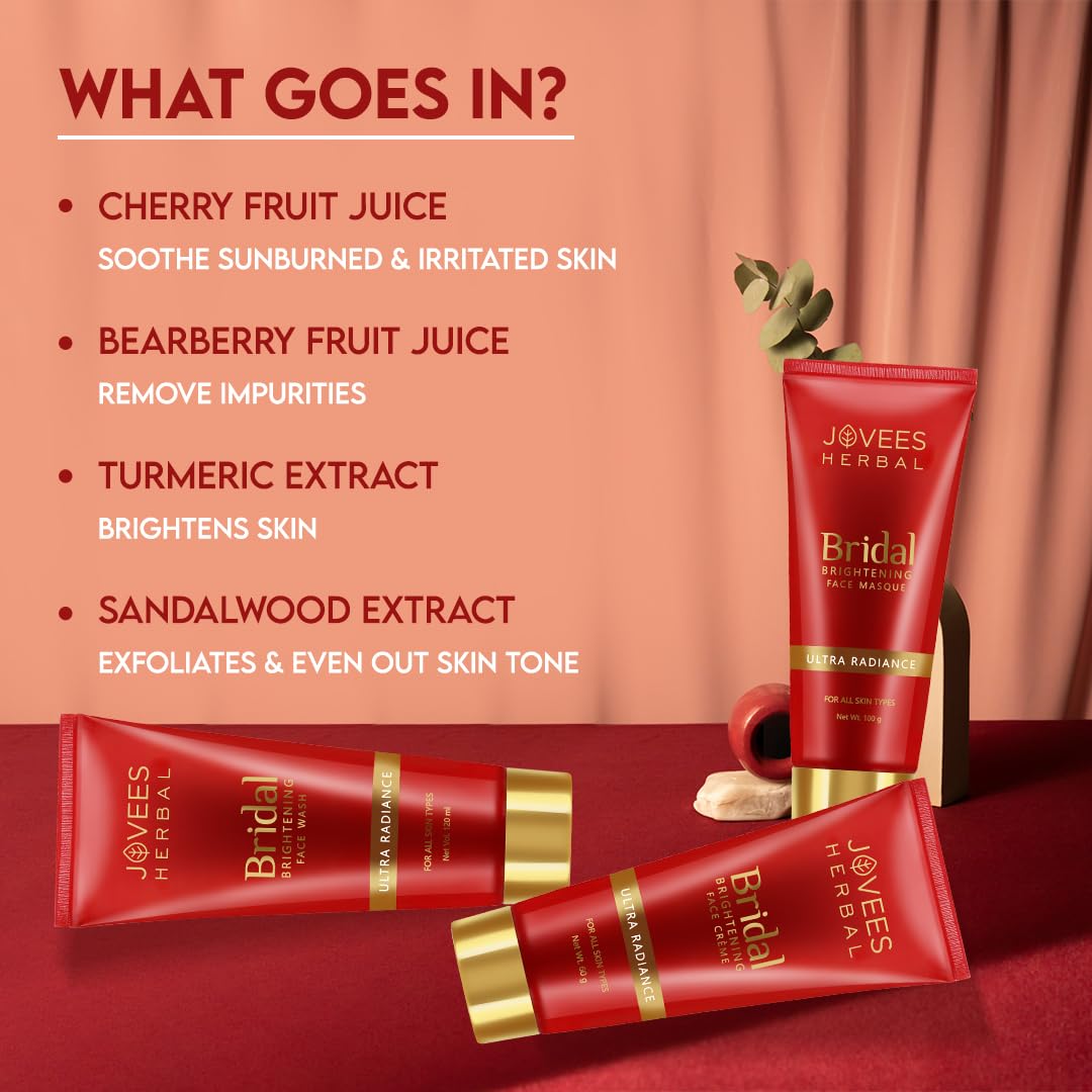 Jovees Herbal Bridal Combo (Bridal Face wash 120ml + Bridal Face Masque 100g + Bridal Creme 60g) For Natural Glow and Brightness (3 Items in the set)
