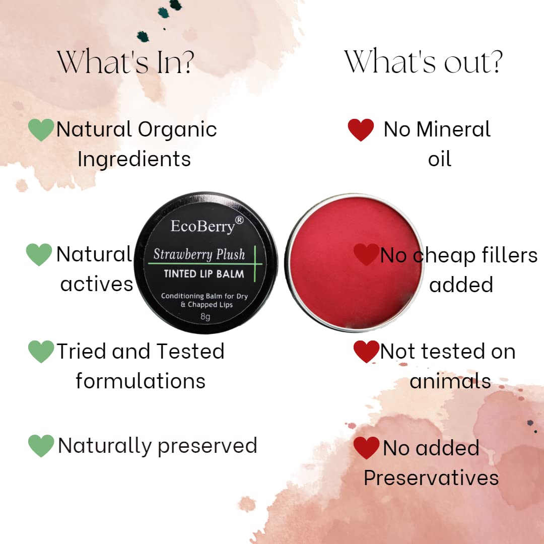 EcoBerry Strawberry Plush Tinted Lip Balm For Natural Pink Lips Dry, chapped Lips | Moisturizing Conditioning Natural SPF | Enriched with Strawberry extracts, Vitamin E & Shea butter 100% Pure, Natural & Handmade, Mineral Oil Free, Preservative Free, Para