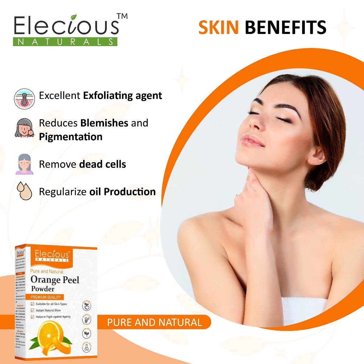 Elecious Orange Peel Powder For Skin and Face (200 Grams) | No Chemical, No preservative | Help in Tan Removal, Face cleansing and make skin glowing