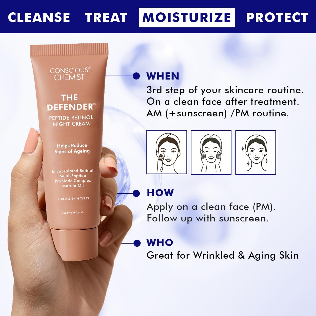 Conscious Chemist® 0.2% Retinol Moisturizer Cream | 20g | Pro-Collagen Night Cream, For Men & Women, Multi peptide Anti aging Face cream, Reduces Fine lines, Neck lines & Wrinkles, All Skin Types - The Defender