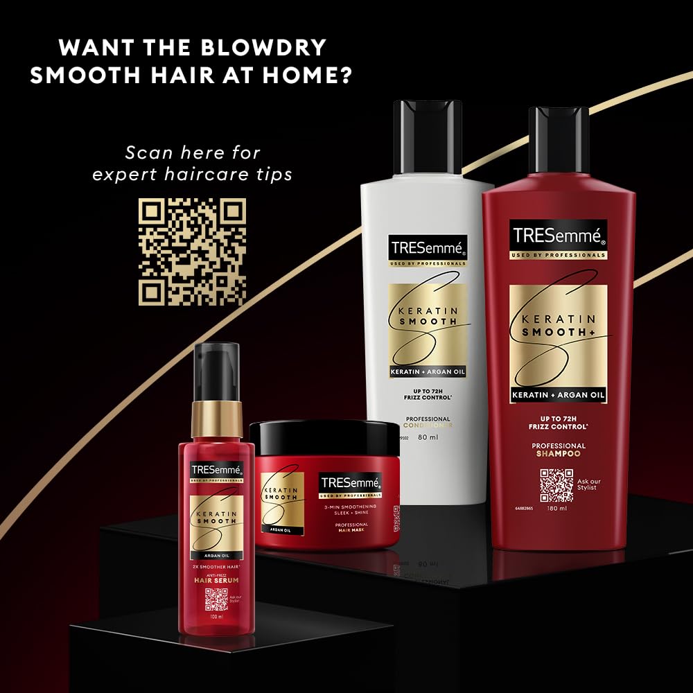 TRESemme Keratin Smooth+ Shampoo 180ml With Keratin Protein and Argan Oil | Salon-Like Smooth Hair | Up To 72H Frizz Control