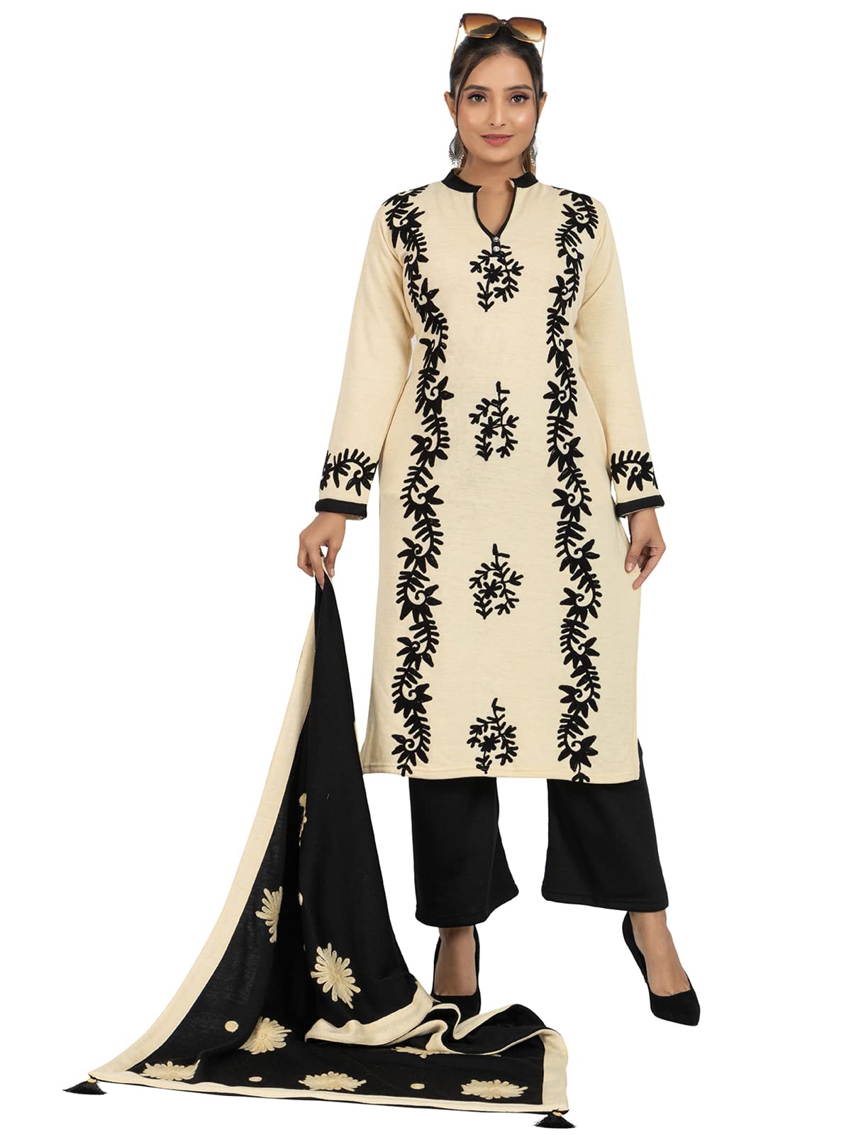 Rosary Women's  Woolen Winter Wear Mandarin Neck Full Sleeve Two Side Pocket Straight Kurta with Palazzo & Stole Set of 3 pc M Navy