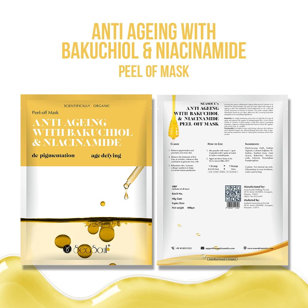 SEA SOUL Anti-Ageing Peel Off Mask - 20g | With Bakuchiol & Niacinamide for Skin Brightening, Fine Line Reduction & Collagen Boost | Anti Wrinkle & Detox Face Mask for Glowing Skin