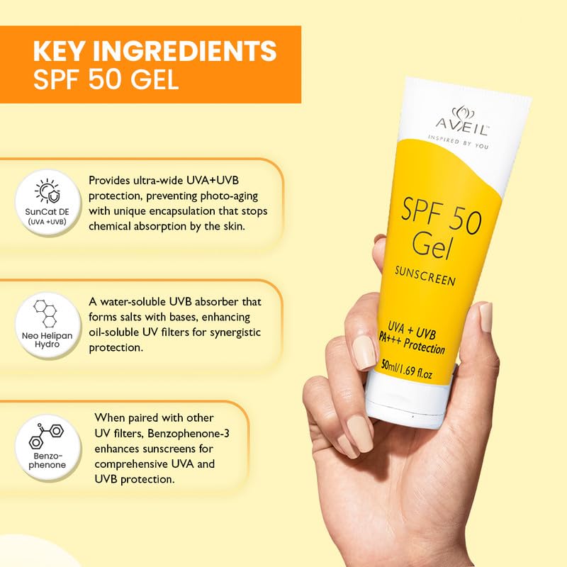 AVEIL Gel Sunscreen SPF 50 | Non-Greasy, Non-Absorbent & No White Cast | For All Skin Types | UVA, UVB, UV & Infrared Rays Protection | Skin Rejuvenating | Repairs from Photo-Ageing | Pack of 1-50ml