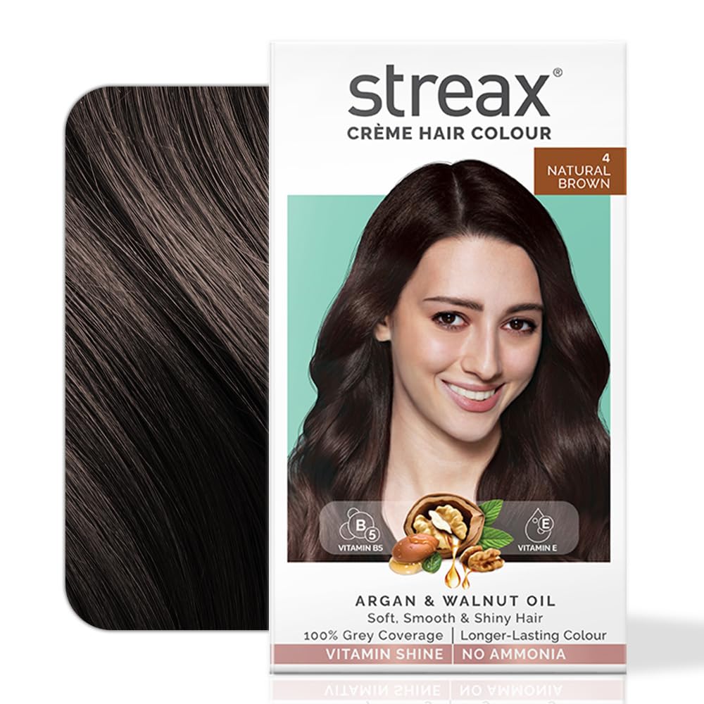 Streax Cr?me Permanent Hair Colour - 4 Natural Brown Hair Color- 140 Ml, 100% Grey Coverage, Ammonia Free Hair Color, Long Lasting,Colourant Tube : 60G,Developer Bottle : 60 Ml,Conditioner : 20G