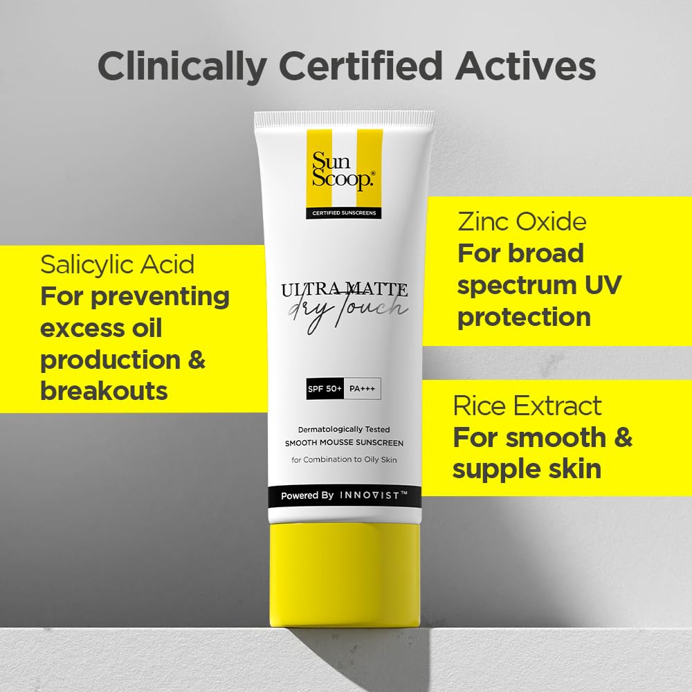 SunScoop Ultra Matte Dry Touch Sunscreen SPF 50 PA+++ |Matte Finish | Zinc Oxide & 0.1%ww Salicylic Acid for Oily Acne Prone Skin | Broad Spectrum, Non Comedogenic & No White Cast|For Women & Men-45gm
