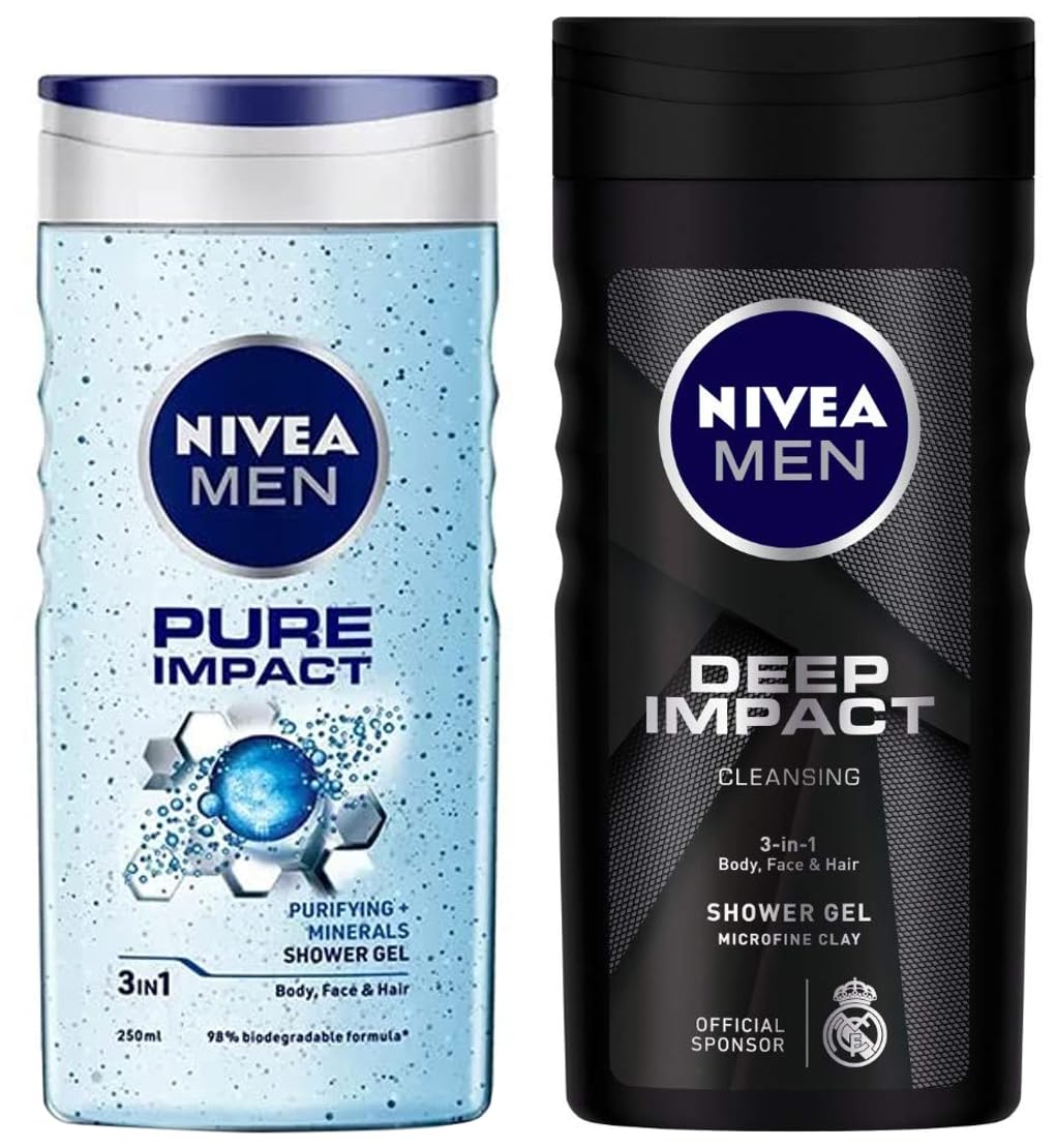 Nivea Men Shower Gel, Pure Impact Body Wash, 250ml & Men Shower Gel, Deep Impact Cleansing Body Wash, Men, 250ml