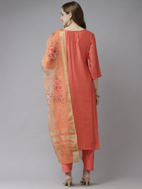 INDO ERA Women's  Cream Solid Viscose Straight Kurta Trouser With Dupatta Set