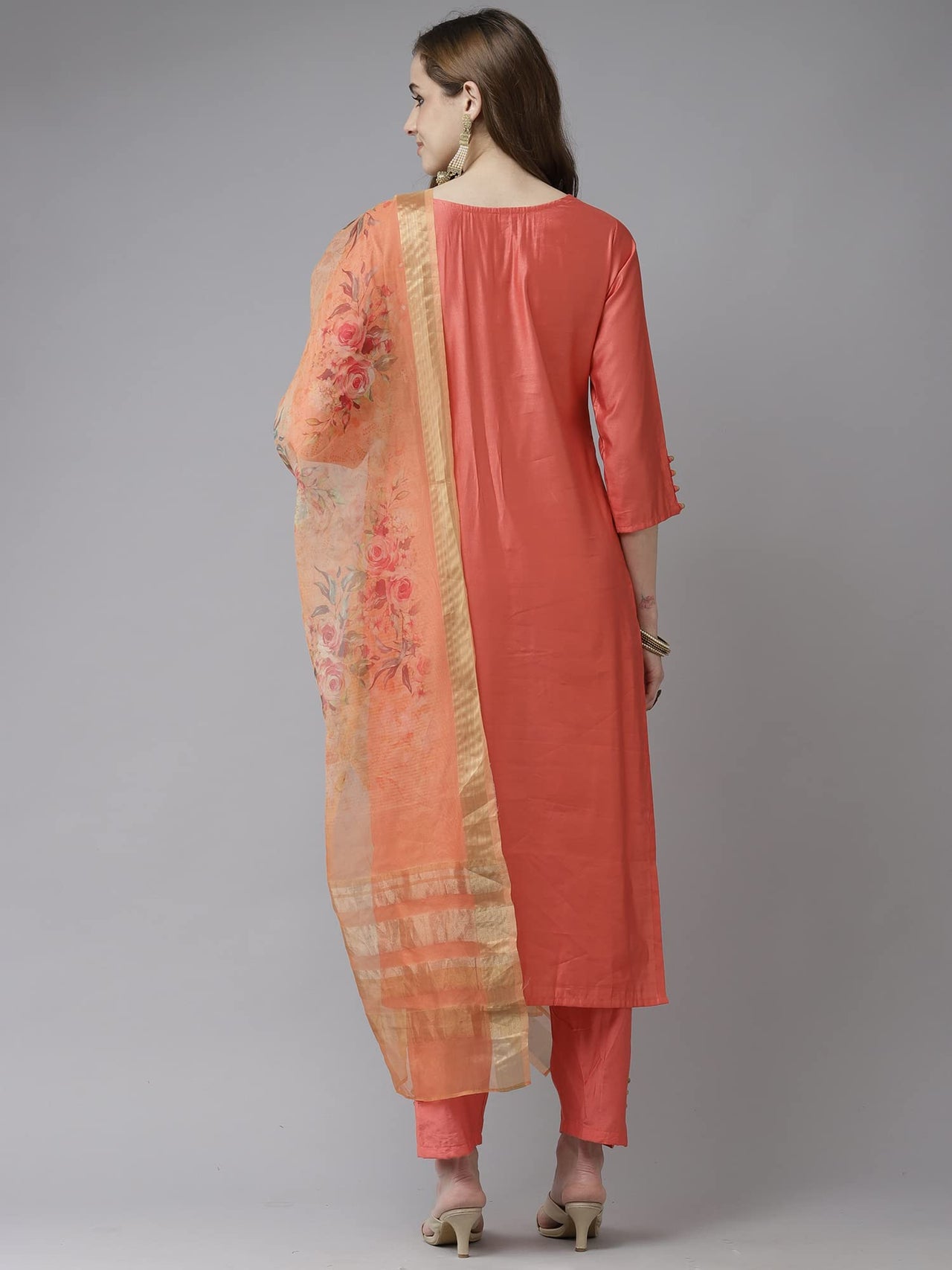 INDO ERA Women's  Cream Solid Viscose Straight Kurta Trouser With Dupatta Set