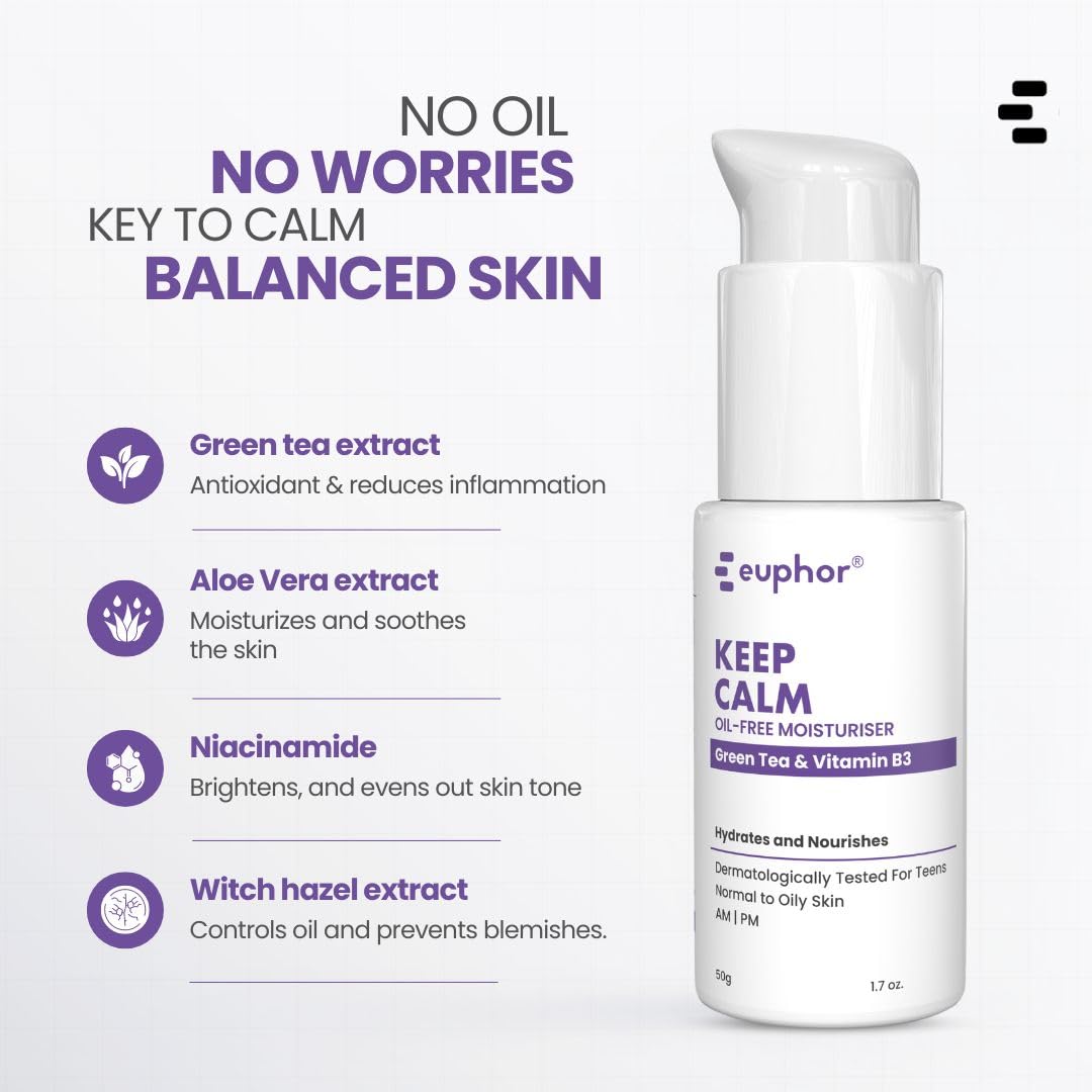 Euphor Teens | Oil-free Gel Moisturizer- KEEP CALM | Controls Acne | Light Weight Hydration for Oily and Acne-prone Skin | Witch Hazel Extract, Niacinamide, Green Tea | PEG-free, Paraben-free, Sulphate-free | 50g | For Women and Men
