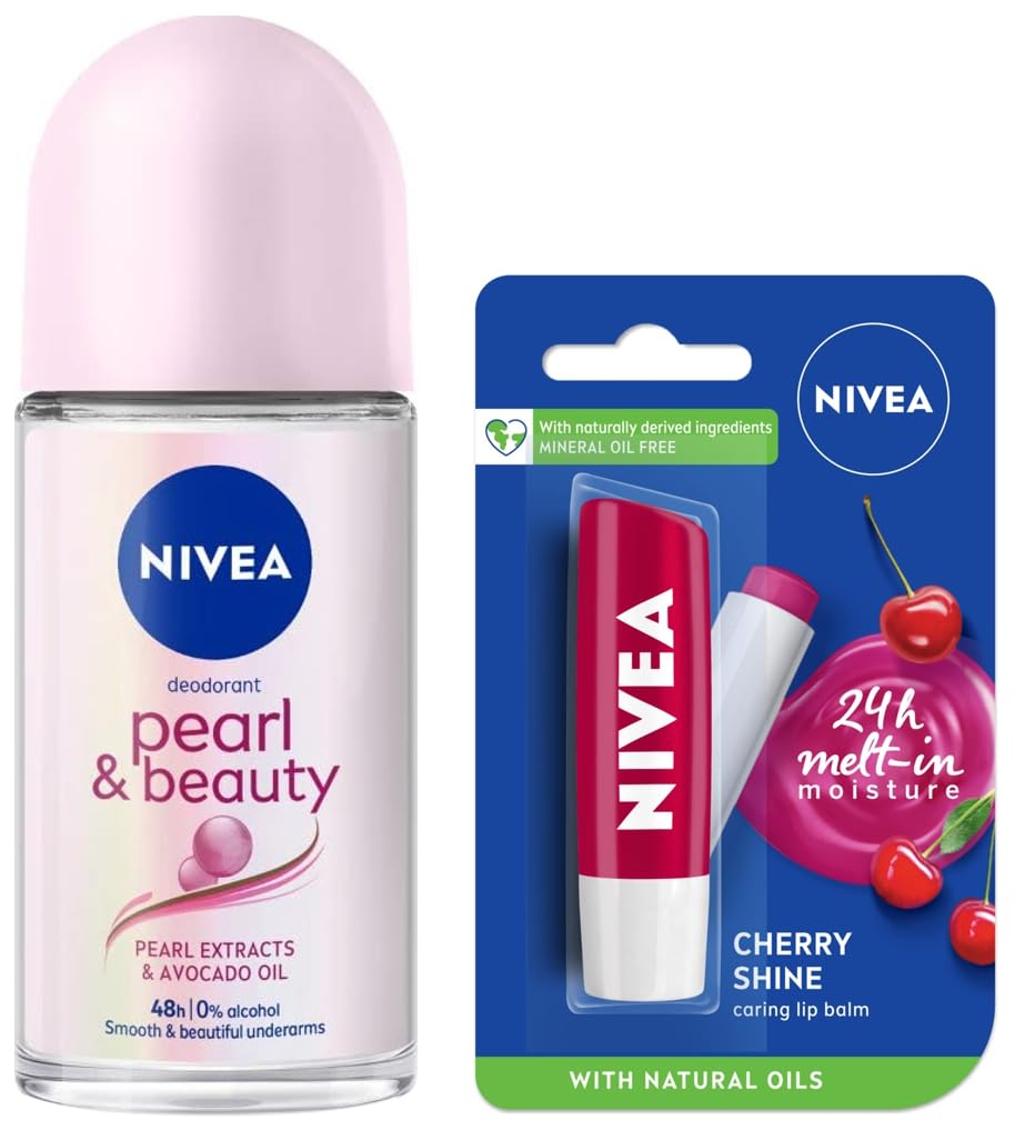 NIVEA Lip Balm, Fruity Cherry Shine, 4.8g & NIVEA Deodorant Roll On, Pearl & Beauty For Women 50ml
