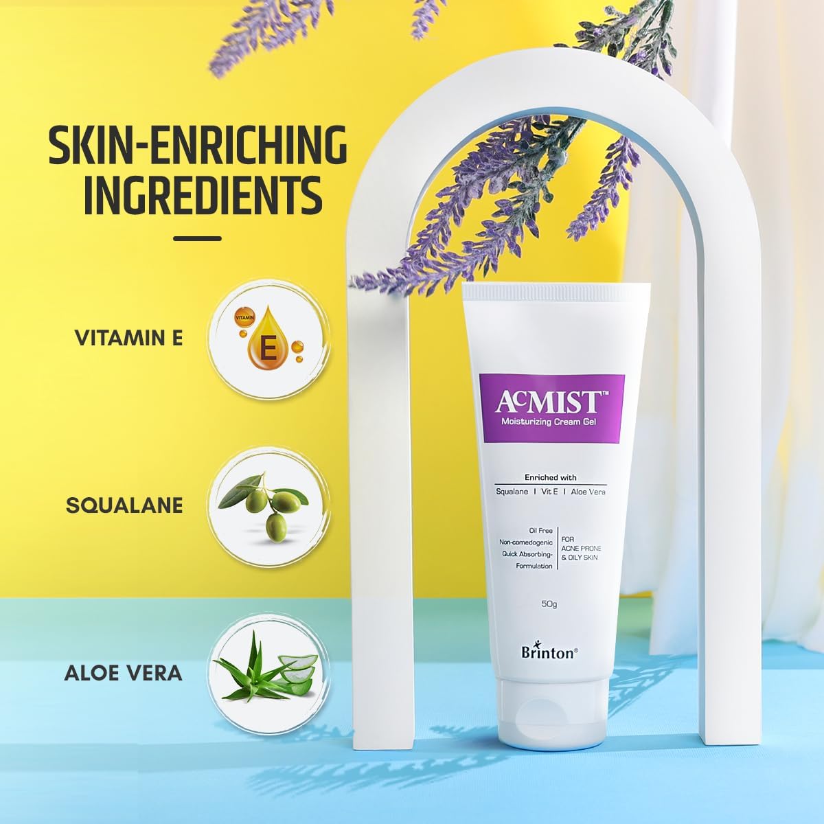 Brinton AcMist Vitamin E & Aloe Vera Based Moisturizing Cream Gel for Acne Prone and Oily Skin | Oil Free, Quick Absorbing & Lightweight | 50 g x Pack of 3