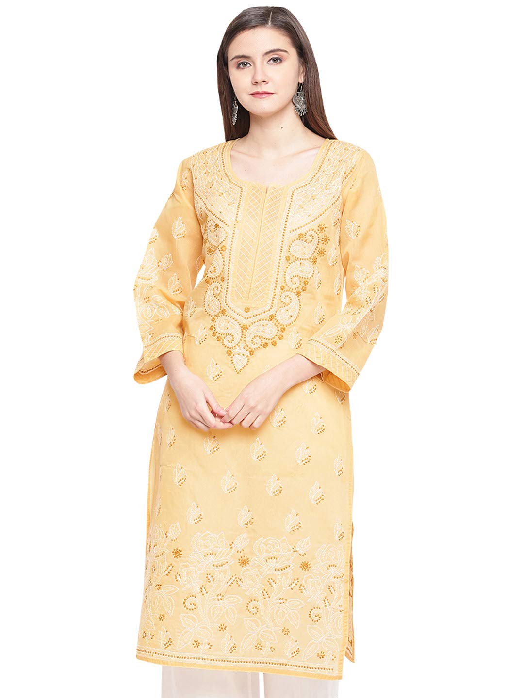 Ada Hand Embroidered Lucknowi Chikankari Straight Cotton Kurti Kurta for Women A220999 White 2XL