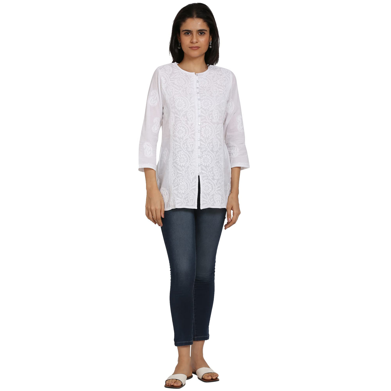 Paramount Women's  Chikankari White Ethnic Cotton Short Kurti/Top