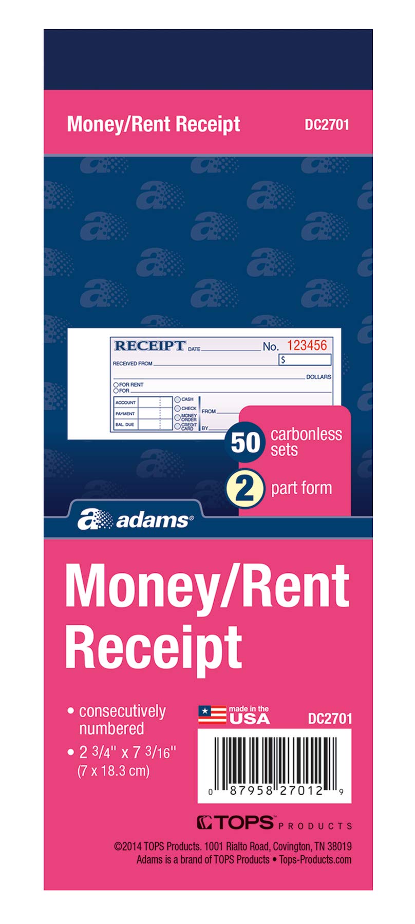 Adams Money and Rent Receipt Book, 2-Part, Carbonless, 2.75 x 7.19 Inch, 50 Sets, White and Canary (DC2701)