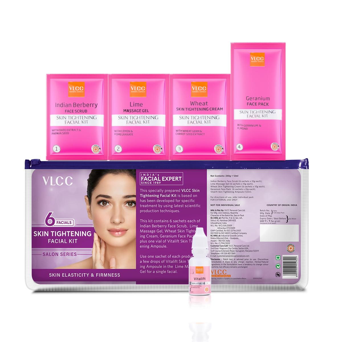 VLCC Skin Tightening Facial Kit (6 Facials) - 240g + 12ml | At Home Facial with Indian Berberry, Wheatgerm, Carrot Extracts & Geranium | Tightens & Firms Skin | Youthful Radiance