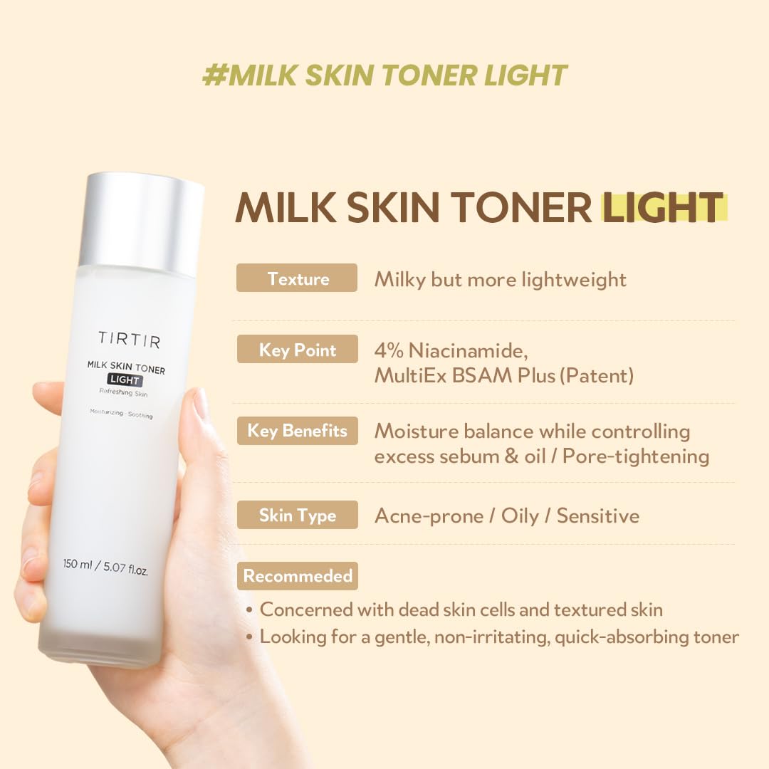 TIRTIR Milk Skin Toner Light | Instant Hydration with 4% Niacinamide | Pore-Tightening | Vegan Toner for Acne-Prone, Sensitive & Oily Skin, Fungal Acne Safe, Panthenol, Allantoin, Vitamin B, (150 ml)