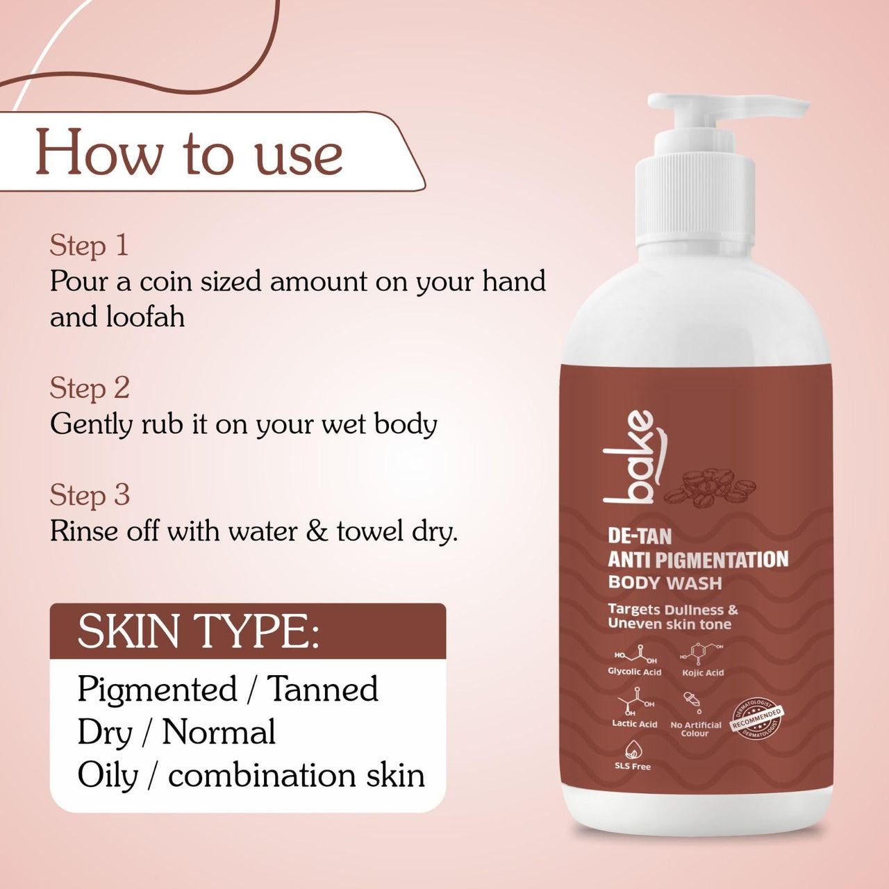 BAKE De-Tan Anti Pigmentation Coffee Body Wash with Kojic Acid, Glycolic Acid, Lactic Acid for Dark Spots, Pigmentation, Tanning & Tan Removal | For Men & Women | 250ml