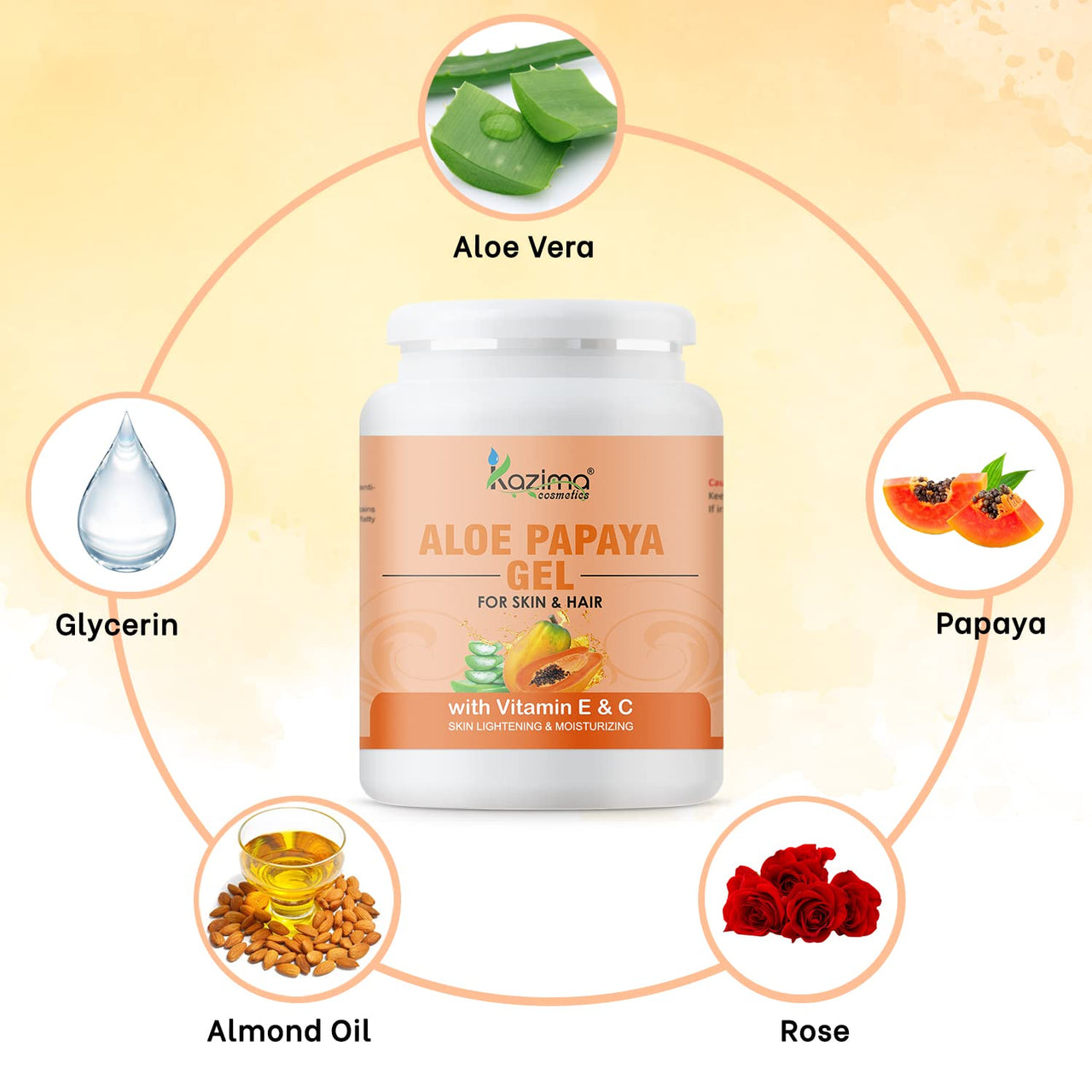 KAZIMA Aloe Papaya Gel with Pure Aloe Vera, Papaya & Vitamin C, E for Face, Skin & Hair - Anti-aging, Moisturizing, Skin Lightening, Acne Scars, Wrinkles, Sunburn & Dark Circles (500 Gram)