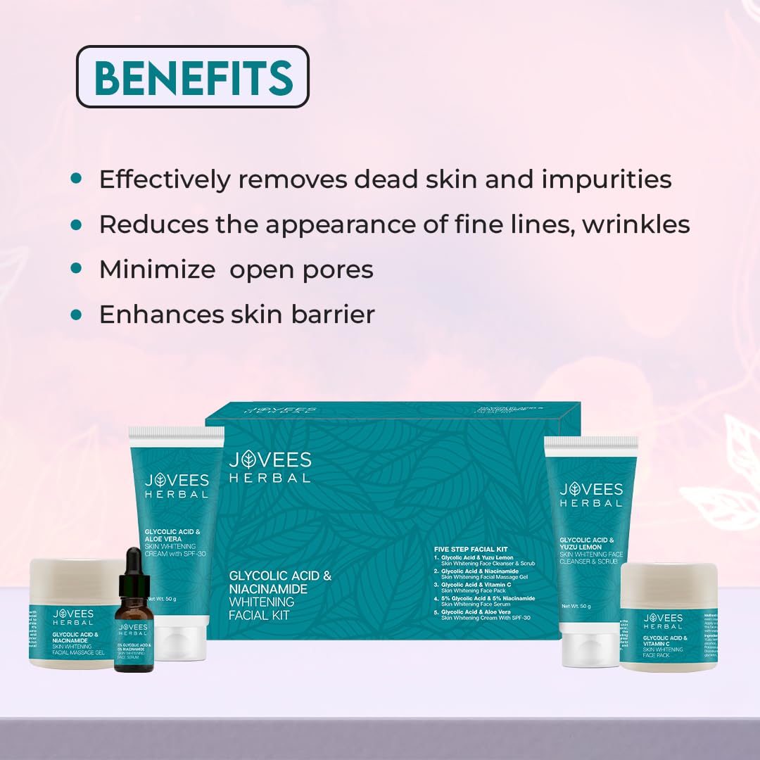 Jovees Herbal Glycolic Acid & Niacinamide Whitening Facial Kit For Brighter & Hydrated Skin | Kit for Improves Uneven Skin Tone, Dark Spots & Dullness 215g (Multiple Use)
