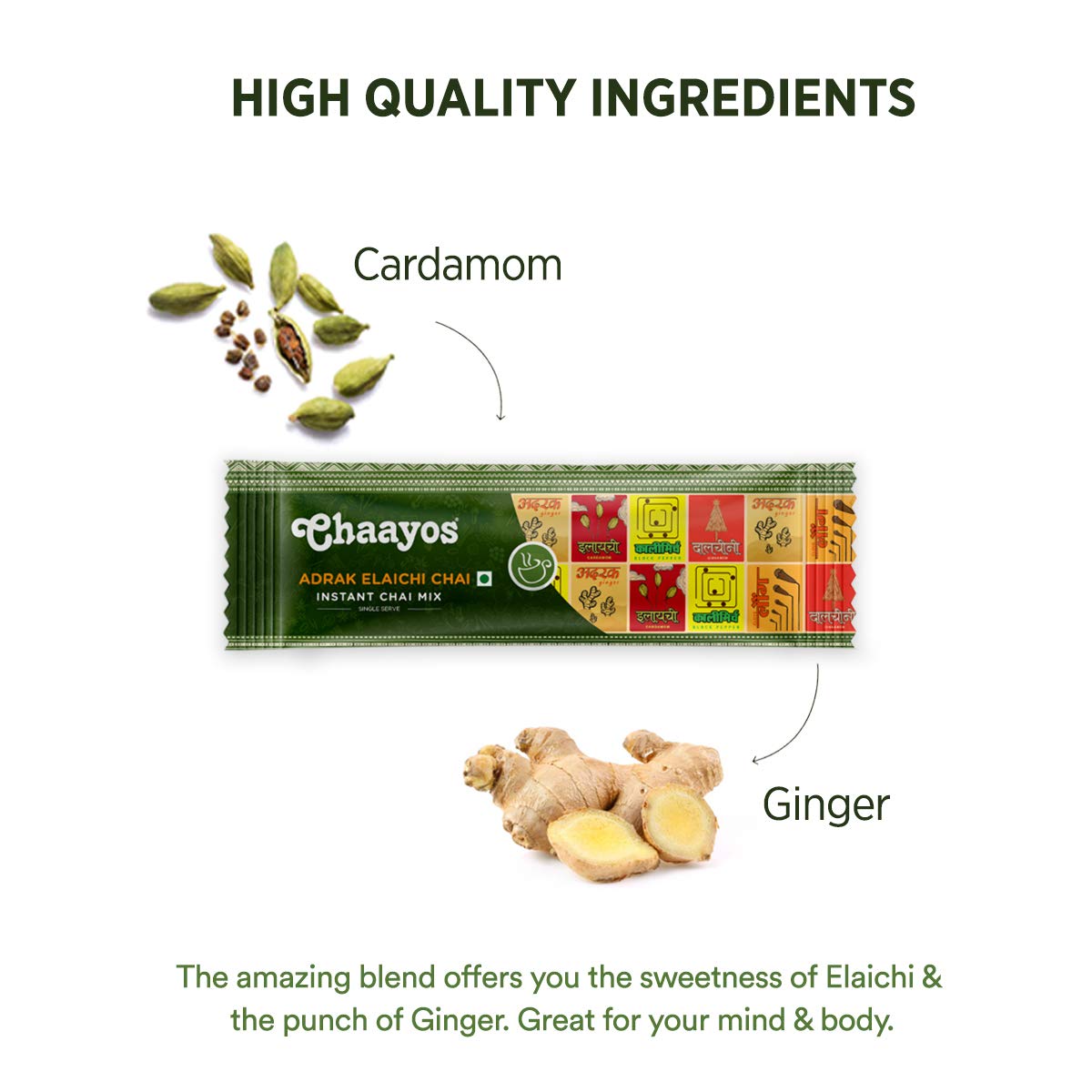 Chaayos Instant Tea Premix - Regular Sugar - Adrak Elaichi Chai (15 Sachets*22 gram=330 gram) | Ready Mix Assam Tea | Desi Chai | Flavoured Premix