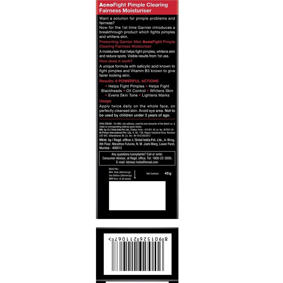 Garnier Men Acno Fight Pimple Clearing Brightening Moisturizer, 45g (Pack of 2)