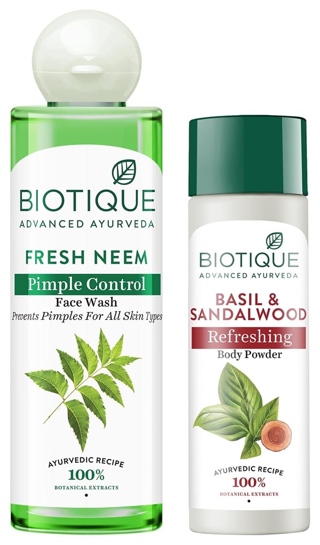 Biotique Bio Neem Purifying Face Wash, 200ml & Bio Basil & Sandalwood Refreshing Body Powder, 150g