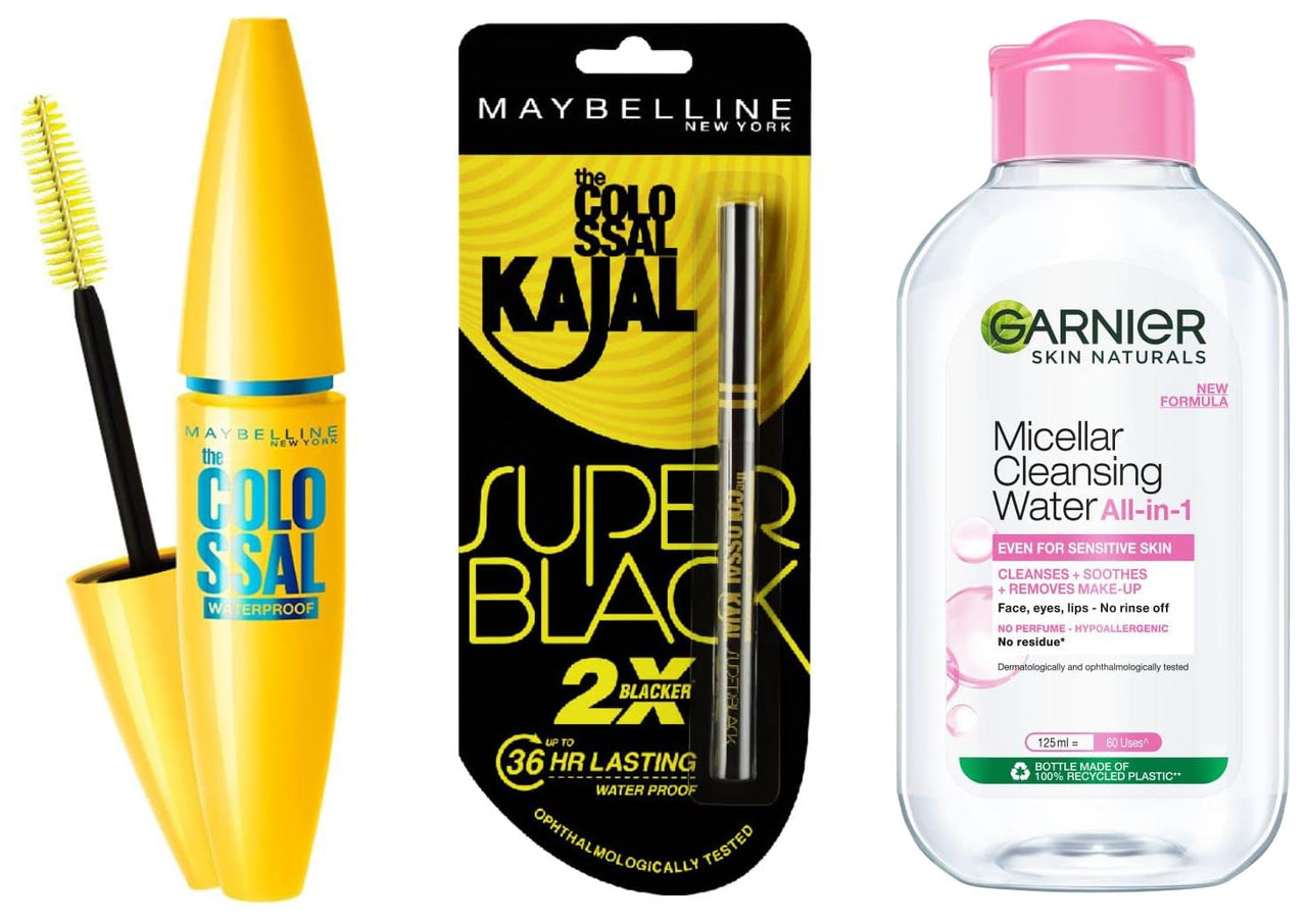 Maybelline New York Colossal Kajal, Super Black, 0.35g, Volum Express Colossal Waterproof Mascara, 10ml and Garnier Skin Naturals Micellar Cleansing Water, 125ml