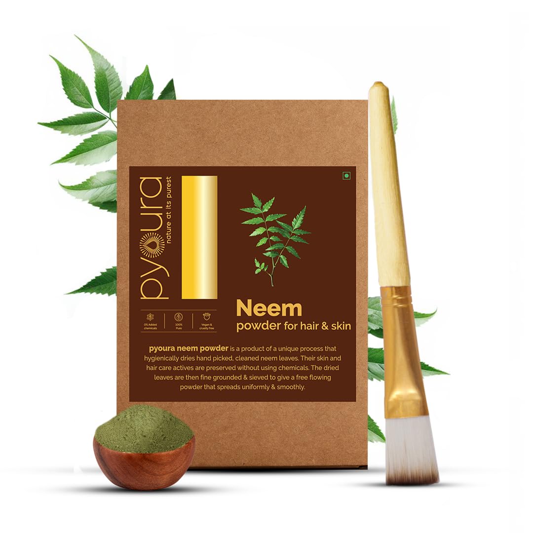 PYOURA Acne Clear Skin Neem Powder, Dark Spot Pigmentation Face Pack, Pure Hygienically Dried Powdered Leaves, Natural Ayurvedic Herbal Mask, No Preservatives Added, 200 g (2 Packs of 100 g Each)