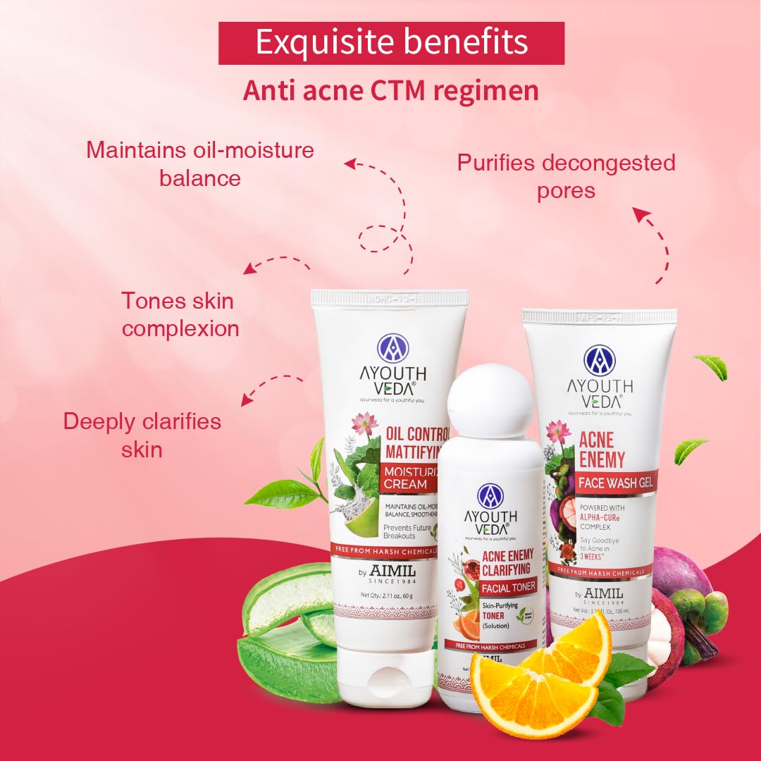 Ayouthveda Anti-acne Face Care Kit Maintain Oil Moisture, Skin Purifying | Acne Enemy Face Wash Gel 100ml | Acne Enemy Clarifying Facial Toner 100ml | Oil Control Mattifying Moisturizer Cream 60g