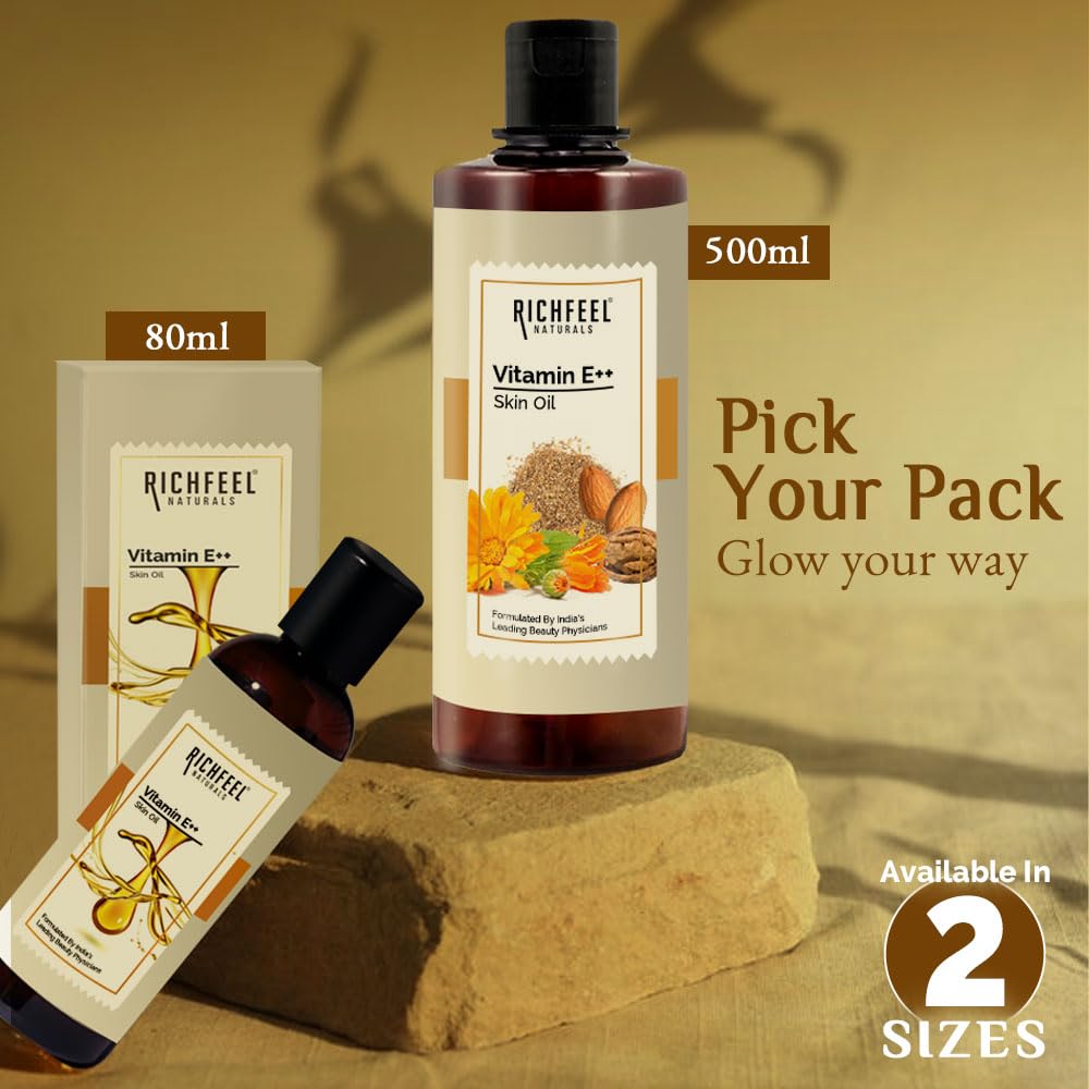 Richfeel Vitamin E++ Oil, 80ml - Pack of 2 | Blend of Almond, Wheatgerm, Walnut & Carrot Oils | Antioxidant | Fight Dullness, Damage & Ageing of Skin | Anti-Stretch Marks and Scars