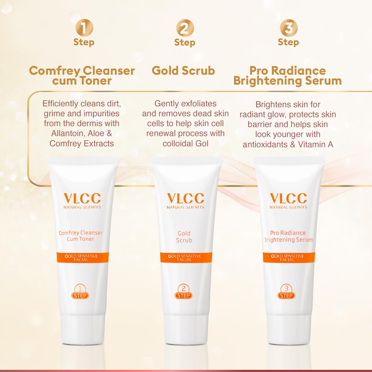 VLCC Gold Facial Kit for Sensitive Skin - 60g | Alcohol & Paraben Free | Enriched with 24K Gold, Hyaluronic Acid & Vitamin C | Safe & Gentle for Sensitive Skin