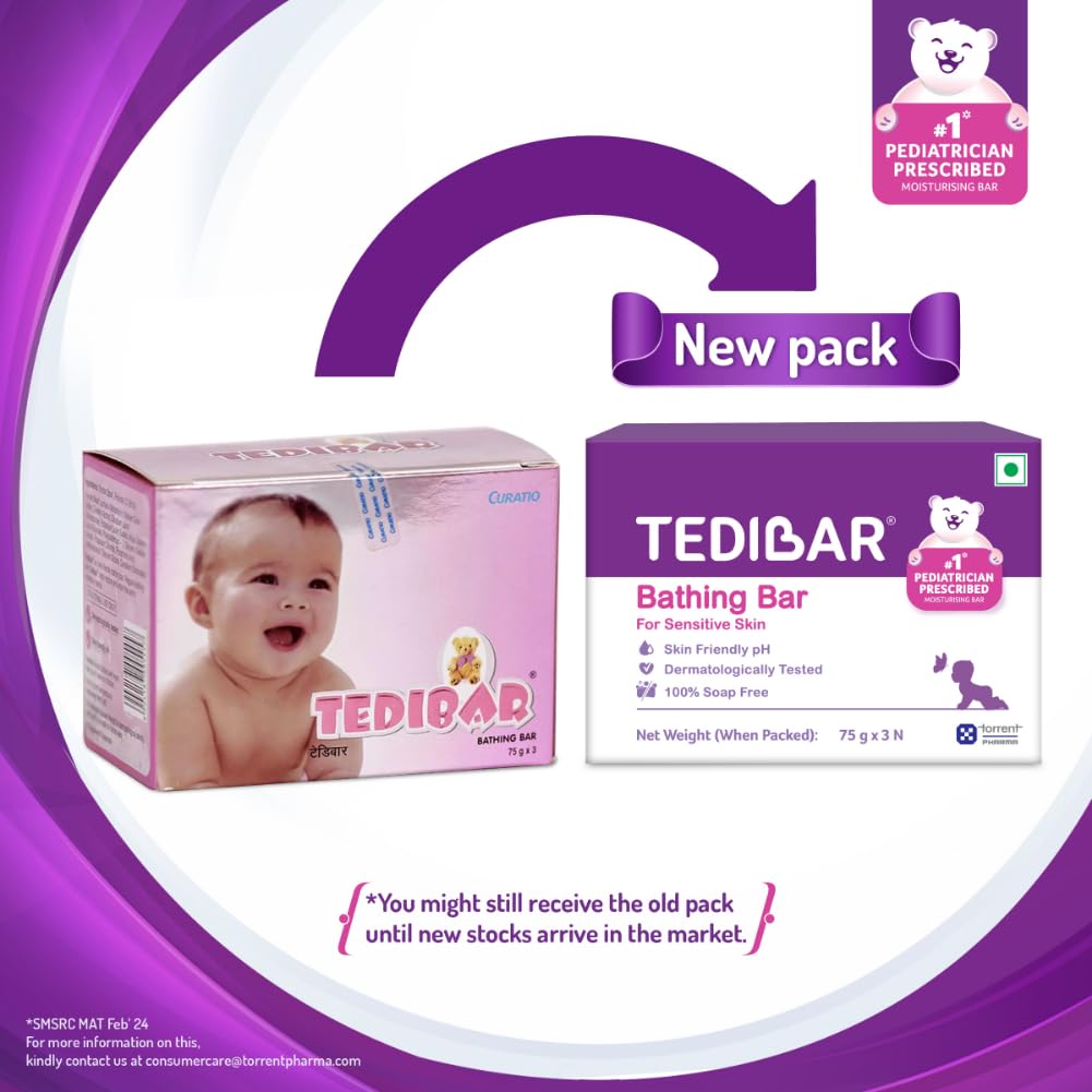 Tedibar Baby Bathing Bar | For Baby’s Sensitive Skin | Gentle Cleansing, Skin-friendly, pH 5.5, 75gm, Pack of 3