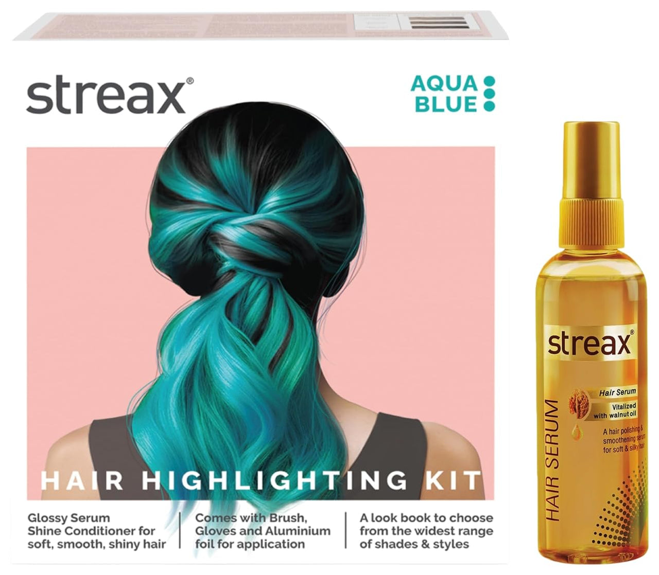 Streax Hair Serum 125ml, Vitalized with Walnut Oil, For Hair Smoothening & Shine, For Dry & Frizzy Hair Hair Colour Highlight Kit | Blue Hair Colour, Aqua Blue - Pack of 1