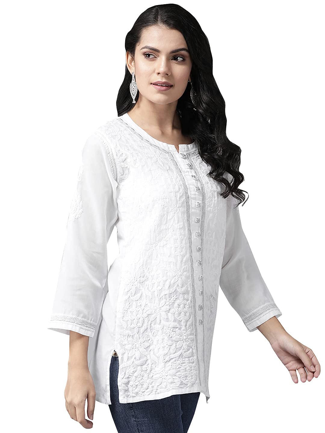 Ada Women's  Hand Embroidered Lucknowi Chikankari Cotton Straight Short Top Kurti A178625