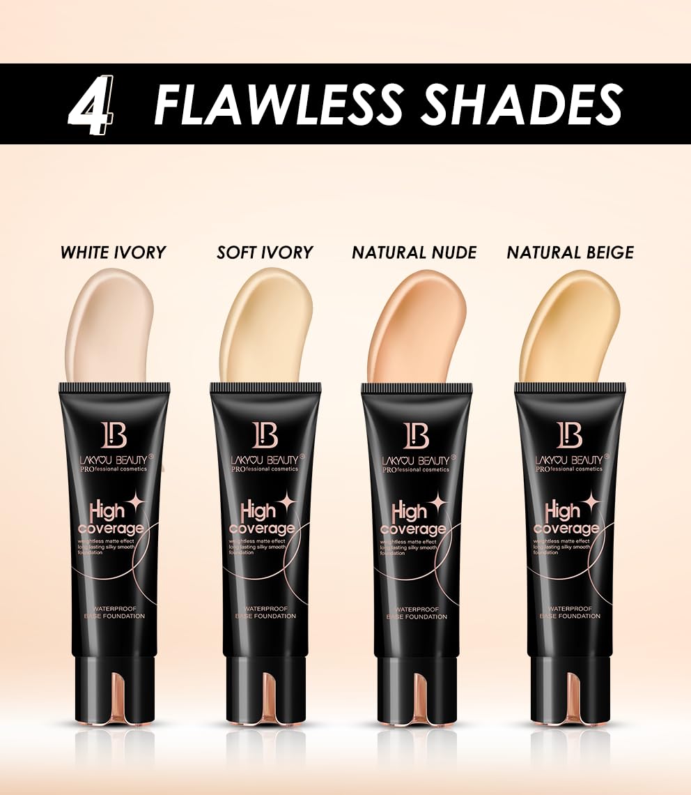 LAKYOU BEAUTY Beuty High Coverage Foundation Cream For All Skin Types | Weightless | Matte Effect | Long Lasting | Waterproof Base Foundation | Shade-02 (Soft Ivory) | 80Ml