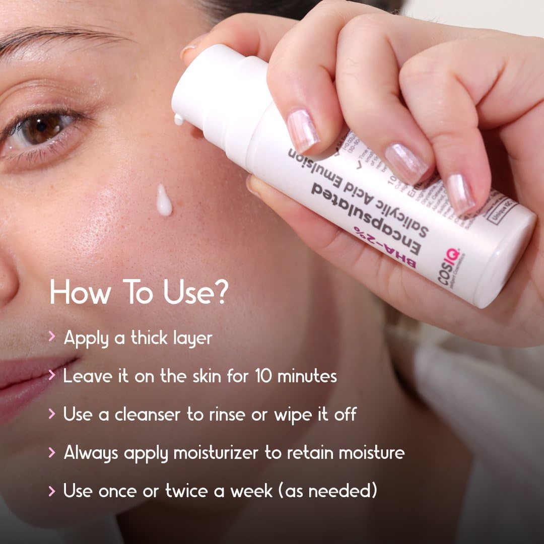 Cos-IQ BHA-2% Encapsulated Salicylic Acid Emulsion Face Serum for Sensitive Skin | Face Exfoliator for Blackheads, Whiteheads, Acne & Open Pores | Reduces Breakouts | For Women & Men | 30ml