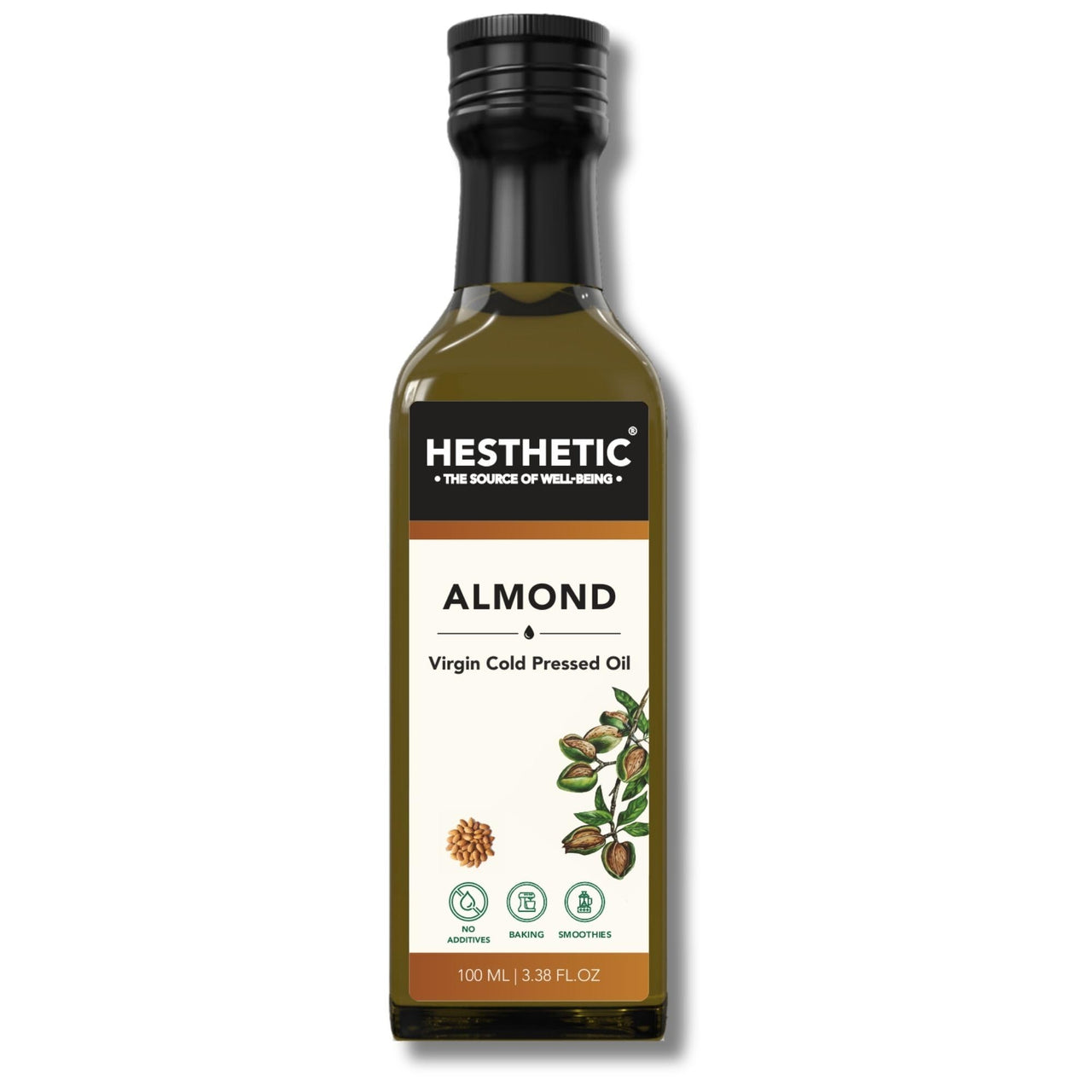 HESTHETIC Premium Virgin Cold Pressed Sweet Almond (Badam) Oil – 100ml, 100% Pure & Natural, Rich in Vitamin E, Moisturizing Oil for Skin, Hair & Nails, Cold-Pressed, Glass Bottle
