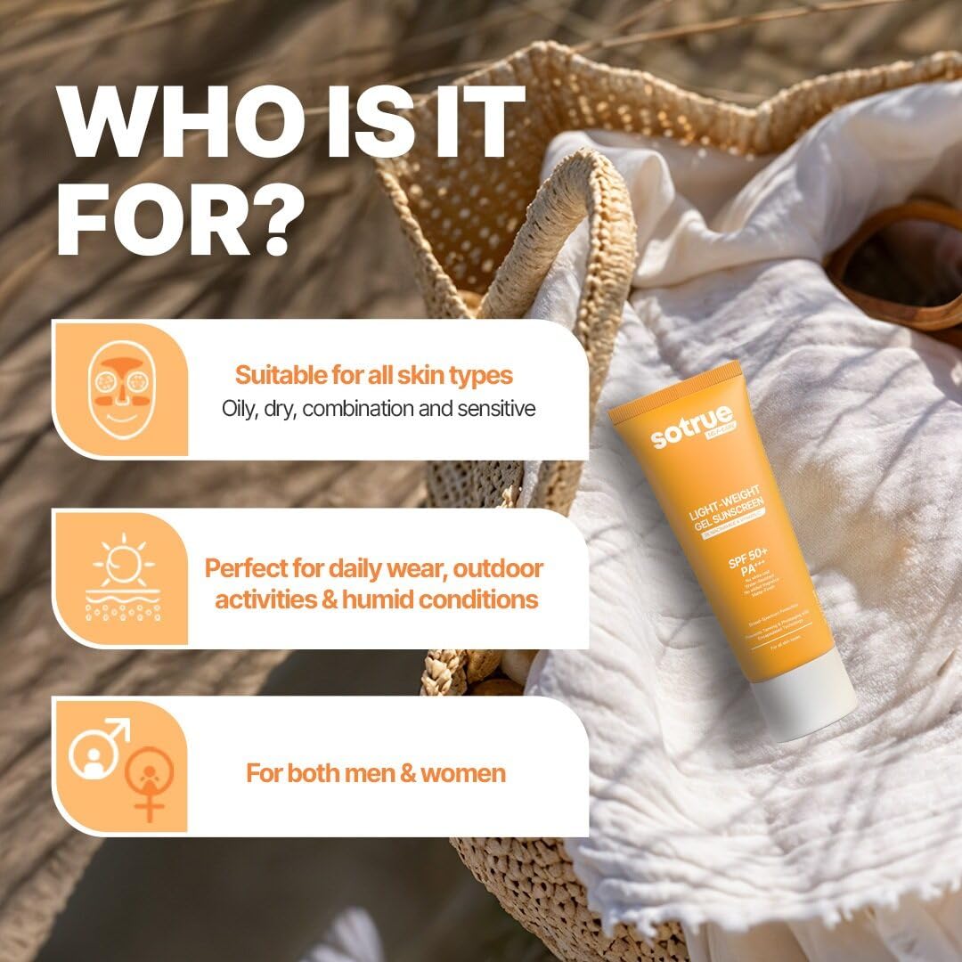 Sotrue Lightweight Gel Sunscreen SPF 50+ PA+++ for Face | Matte Finish & Water-Resistant | No White Cast, 1% Niacinamide & Vitamin C | Broad Spectrum UV Protection | Fragrance-Free | All Skin Types | 50ml